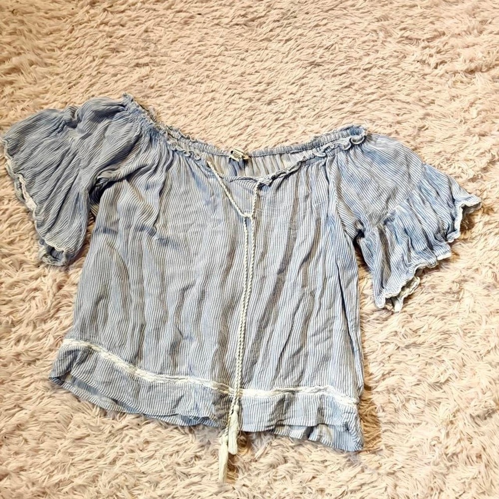 Boho Earthy Cottage Core Pinstripe Minimalist Off Shoulder Peasant Top Womens M